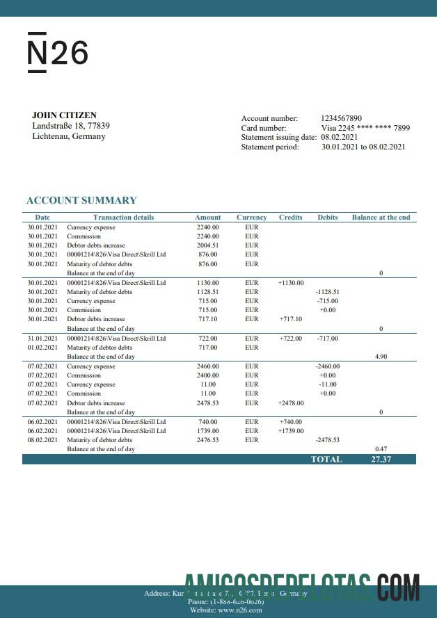 Germany N26 Bank Excel amostra